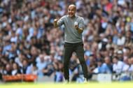 Pep Guardiola celebrates Bernardo Silva's goal.